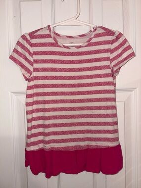 Cotton Knit Pink and White Striped Short Sleeve Top with Ruffle Hem